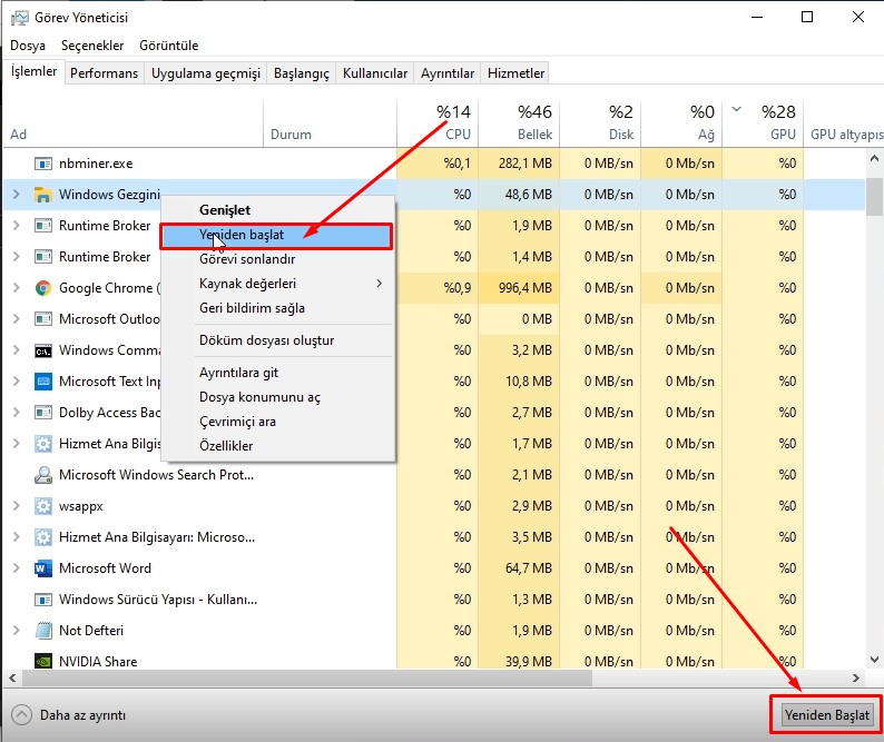Görev Yöneticisi Windows Gezgini Yeniden Başlatma
