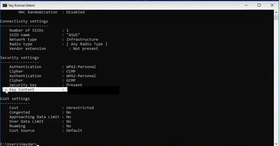 Windows 10 Wifi Şifresi Öğrenme CMD Key Content