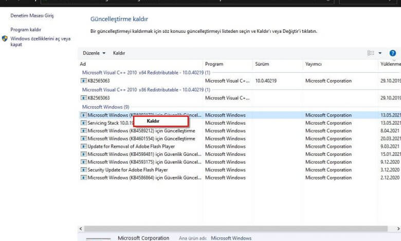 Windows 10 Güncelleme Kaldırma